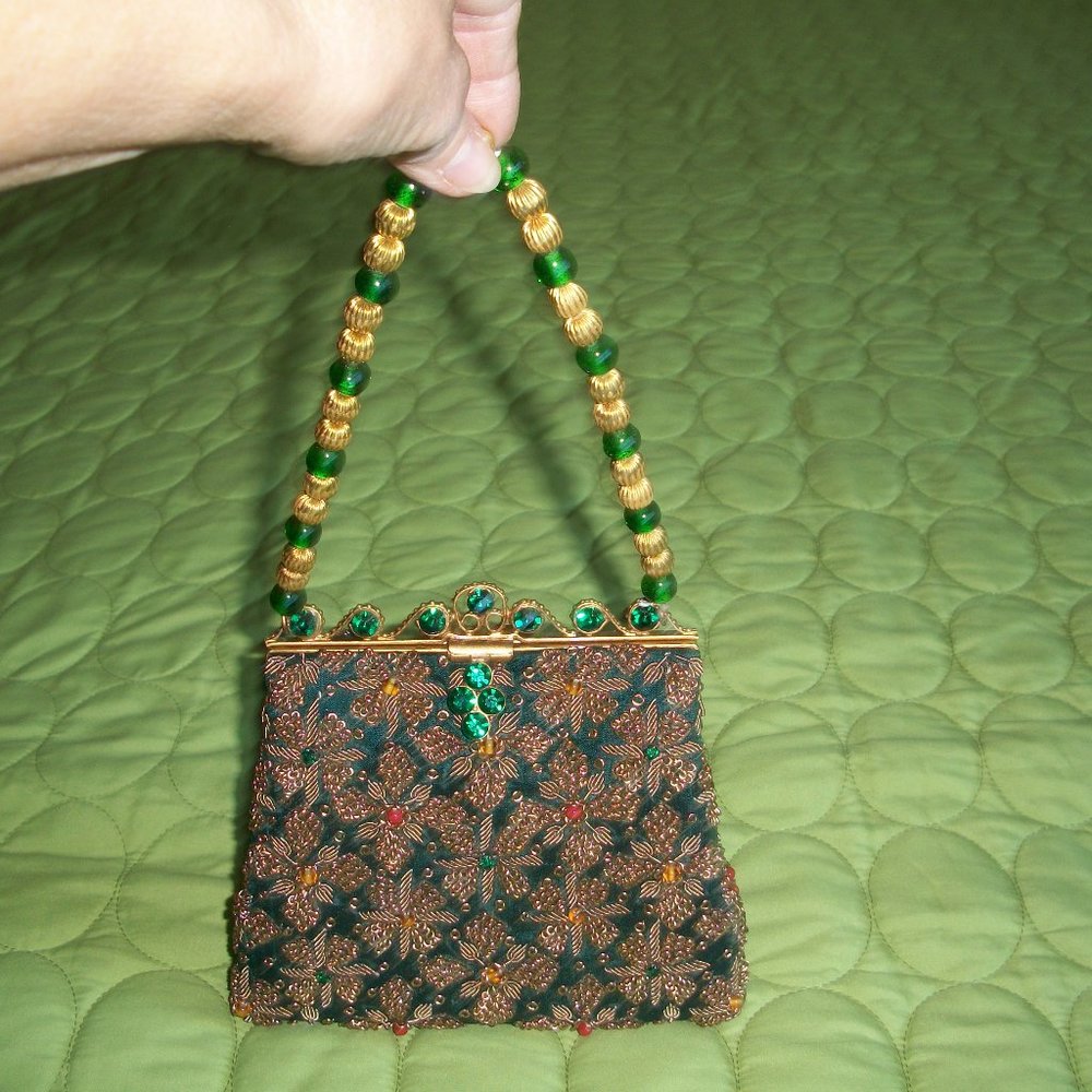 Vintage Green Satin/Gold Metal Embroidered Evening Purse